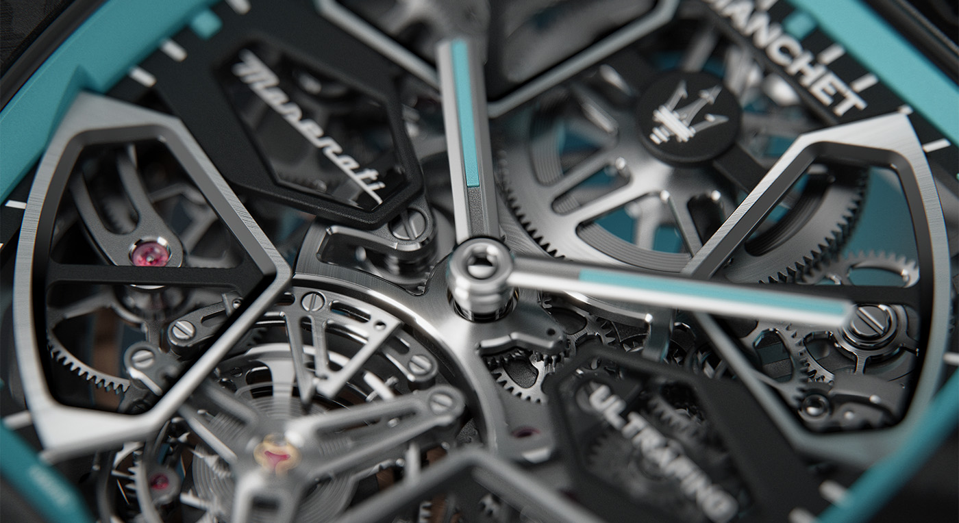 Intricate close-up of a skeleton watch reveals silver gears, turquoise hands, and a Maserati logo, showcasing precision and luxury craftsmanship.